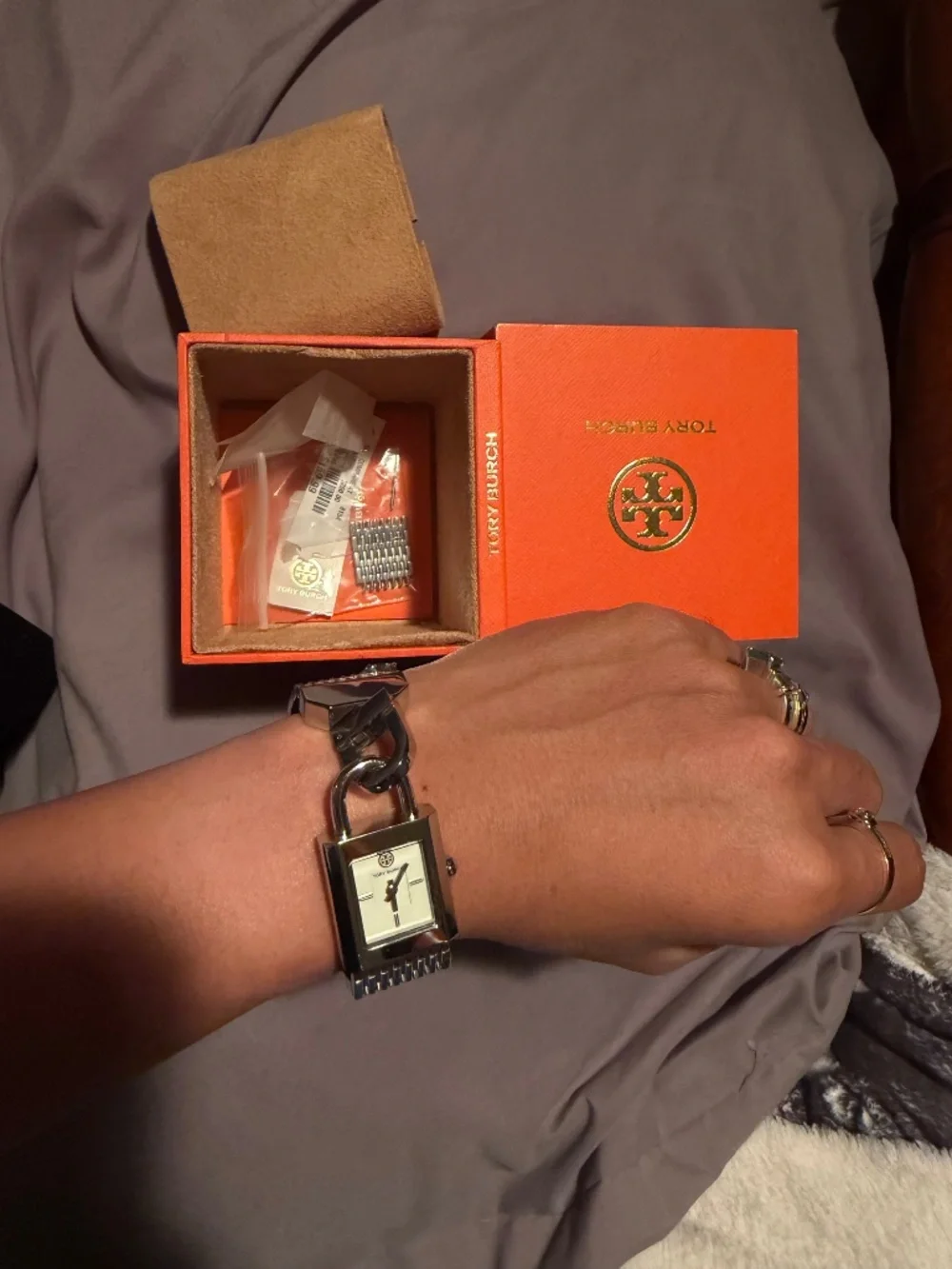Tory Burch stainless Tory Burch Surrey Silver-Tone Chain Lock Watch TBW7101